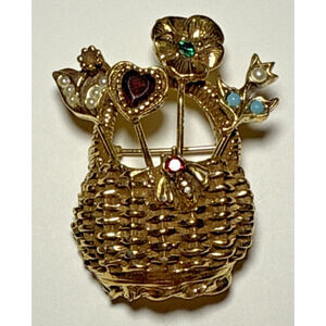 Vintage Signed Goldette Gold Tone Basket Brooch Colorful Detail J-2M